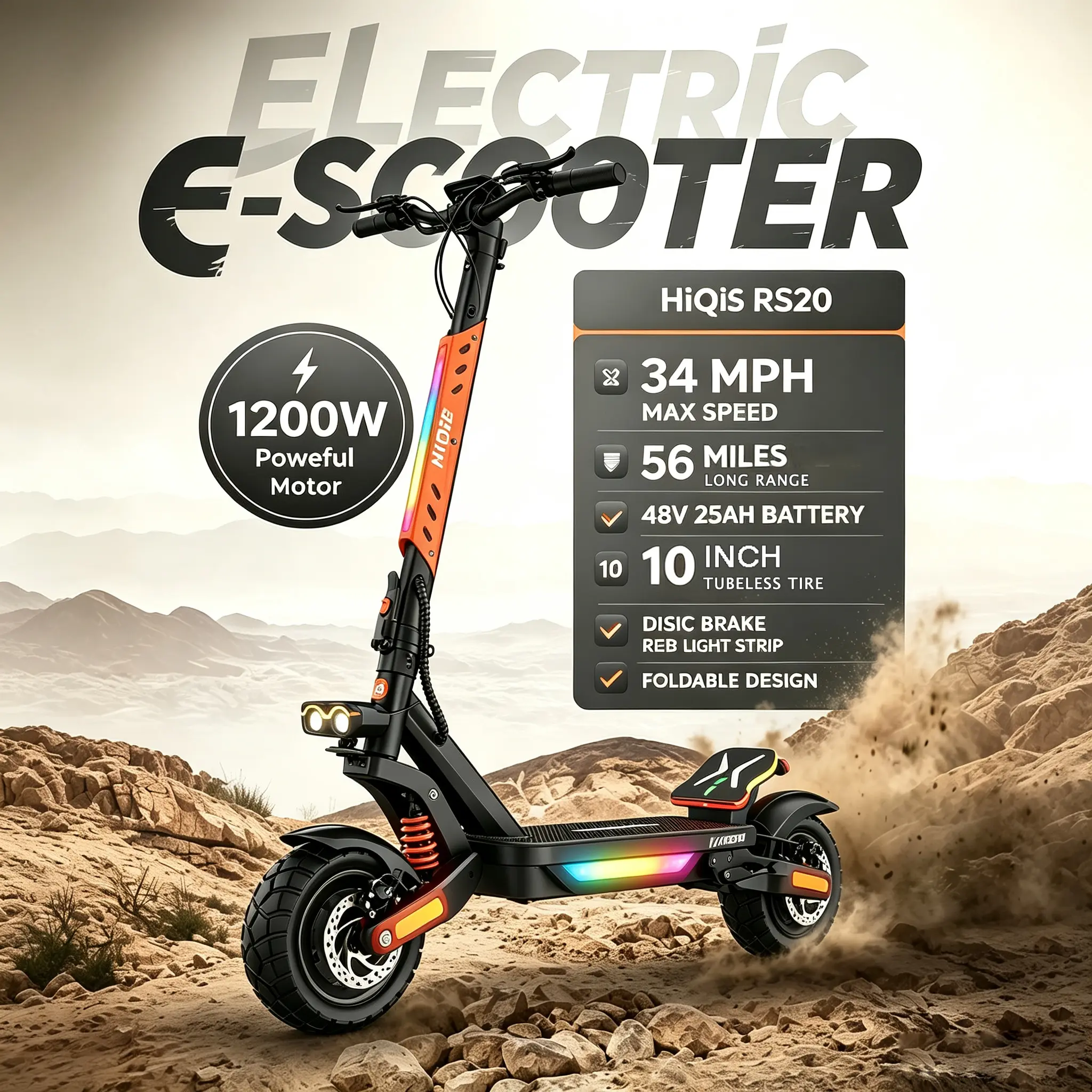 RS20 Adult Electric Scooter - 1200W Motor, 34MPH Top Speed, 56 Mi Range, 48V 25Ah Battery, 10-Inch Off-Road Tires, 45° Max Climb, Dual Suspension, Foldable, RGB Light, NFC, Bluetooth Speaker
