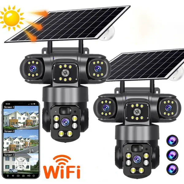 Solar energy monitoring camera V380PRO - Outdoor true three-view WiFi solar monitoring camera with high-definition full-color night vision and three screens