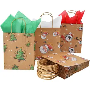 Christmas Colorful  Paper  Bags with handles and Tissue Paper for Merry Christmas Party Decorations,3 Designs, 15 Pack, 8X5.3X10inch
