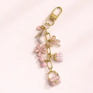 Charm Chain for Kindle Fashion Bag Charm Pink Bow Purse Flower Stiletto Oxidized Brass with Swivel Snap Hook 6 Inches Total Length