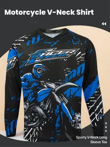 Motorcycle Off-Road Long Sleeve Shirt, Sporty Fitted Design, Random Print Pattern, Moderate Fabric Thickness, All Seasons Wear