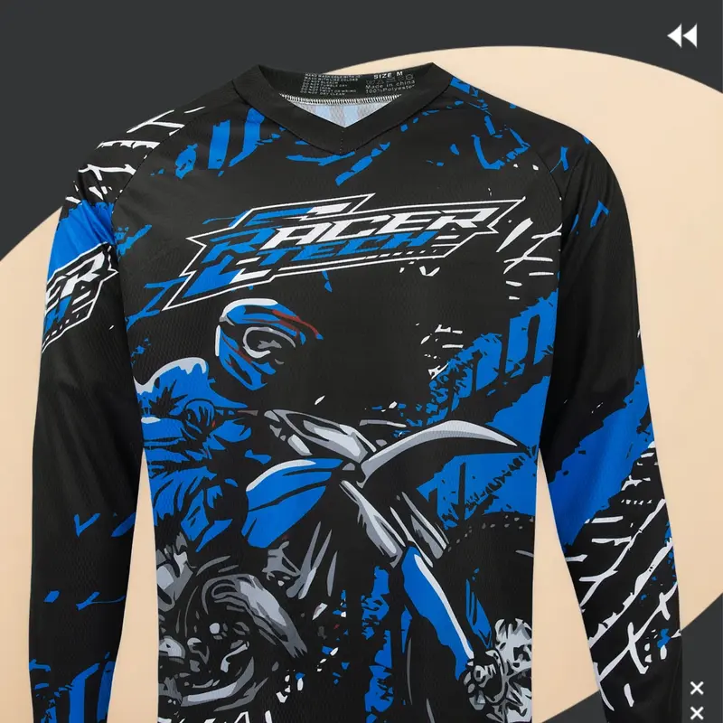Motorcycle Off-Road Long Sleeve Shirt, Sporty Fitted Design, Random Print Pattern, Moderate Fabric Thickness, All Seasons Wear, Athletic Shirt, Athletic Fashion Activewear, Athletic Apparel, Fitted Sportswear