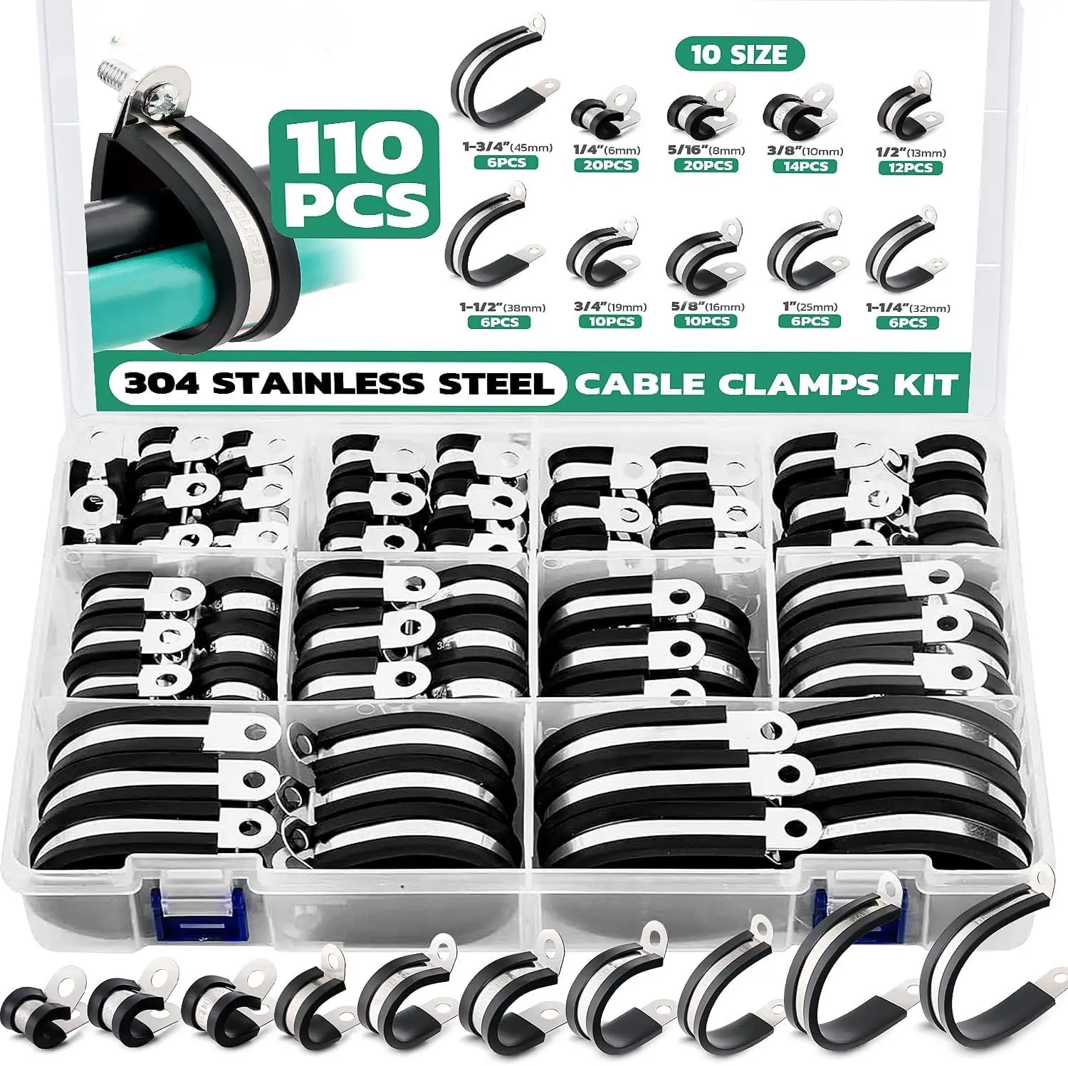 110-Piece Rubber Cushioned Cable Clamp Assortment Kit, 10 Sizes 1/4–1-3/4 Inch Stainless Steel P-Clips for Automotive Wiring, Hoses and Pipes