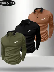 Spring/Autumn Lightweight 3-Pack Long Sleeve Polo Shirt with Collar, Simple Retro Penguin Silhouette Print, Casual Men’s Everyday Outdoor Sports Lightweight Business Outdoor Running Top