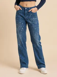 【Store exclusive】High Waist Wide Leg Denim Jeans Women Y2K Trend Firework Rhinestone Sparkle Decor Pants denim  jeans Women's Trouser