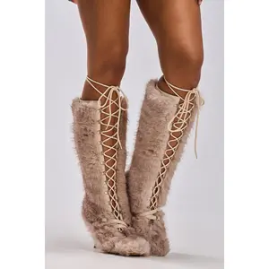 AZALEA WANG LOURDANNE IVORY FUR LACE UP BOOT