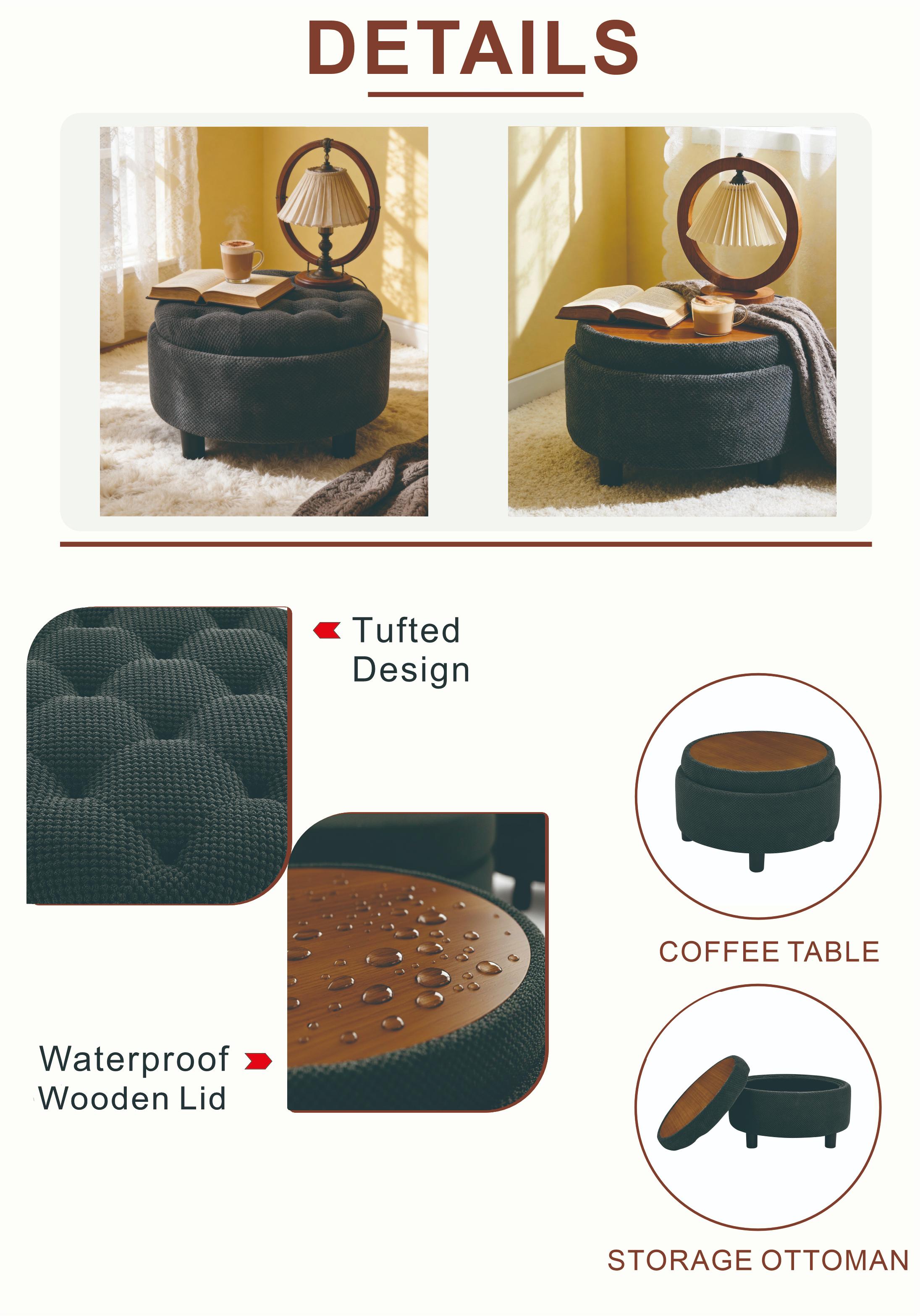 Modern 25 Inch Round Storage Ottoman Coffee Table with Tray & Removable Top, Tufted Upholstered Circle Ottoman for Living Room Bedroom, Dark Grey/Light Grey/Black/Dark Green/Coffee/Camel Modern 25 Inch Round Storage Ottoman Coffee Table with Tray & Removable Top, Tufted Upholstered Circle Ottoman for Living Room Bedroom, Dark Grey/Light Grey/Black/Dark Green/Coffee/Camel