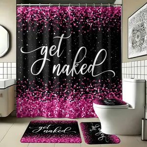 4pcs Pink Glitter "Get Naked" Printed Shower Curtain Set — Black Ombré Bathroom Decor Bundle (Includes Shower Curtain & Bath Mat) The floor mat fabric is thicker and softer! — The Perfect Choice for Bathroom Decoration