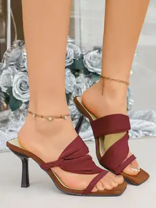 Women's Satin Twist High Heel Sandals, Square Toe Slip-On Shoes, Lightweight Comfortable Design, Fashionable All-Season Footwear