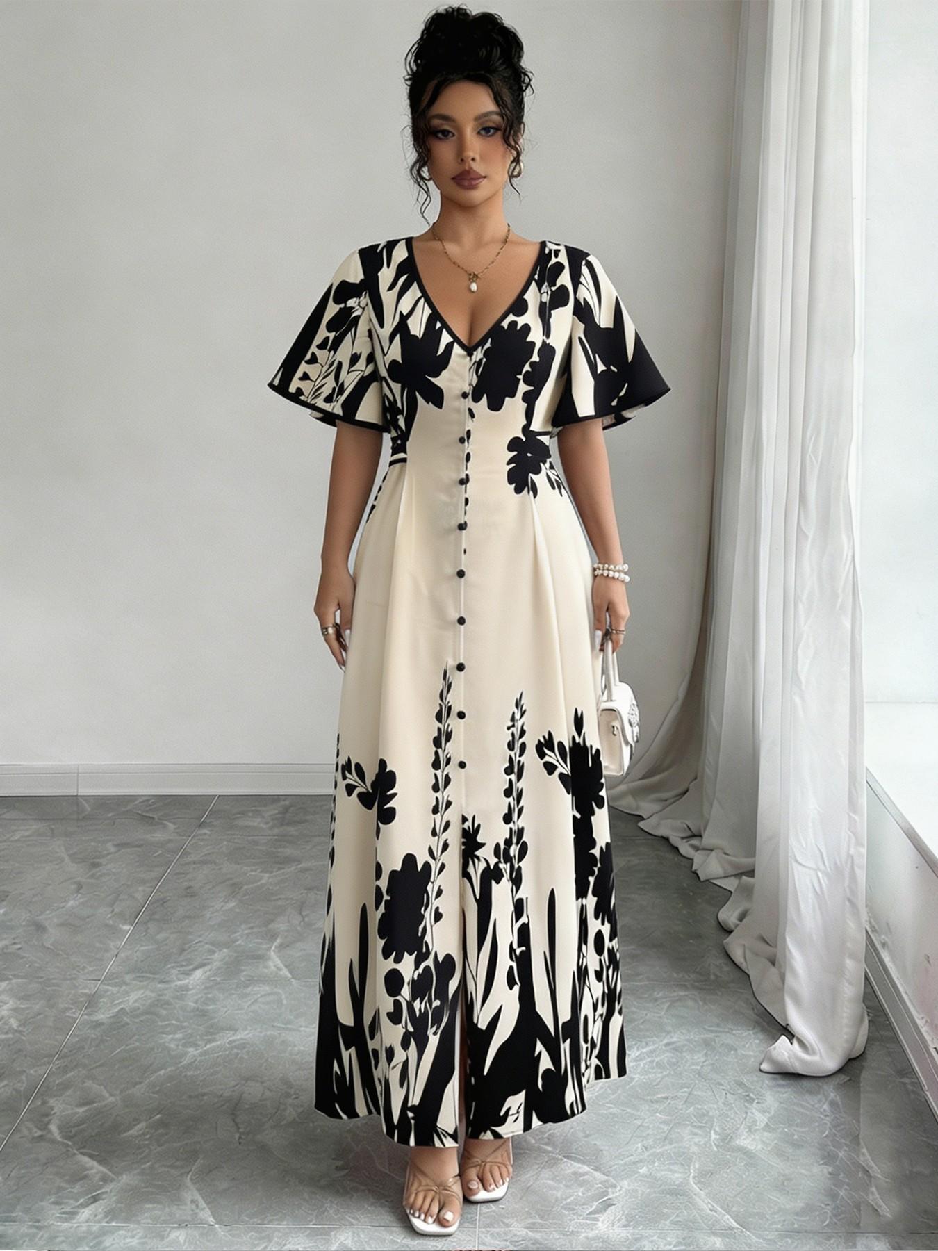 Women’s V-Neck Floral Short-Sleeve Dress with A Cinched Waist—A Fashionable Summer Printed Casual and Comfortable Dress Suitable for Everyday Commuting, Vacations, Parties, and Dates.