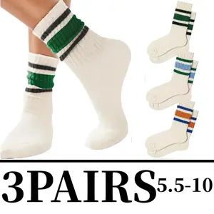 3 Pairs Fun Novelty Striped Retro Crew Socks For Women Sporty Calf Casual Cotton Socks Women
