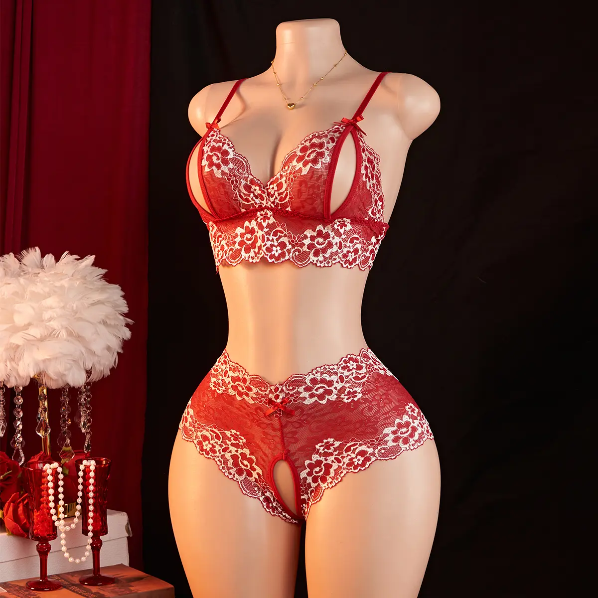 Women's Feminine 2-Piece Lacy Bra Set - Elegant Lace Wireless V-Neck Bralette Cami, Open-Back Crotchless Bow-Accented Panty, Pull-On Design, Girly Feminine Items with Flower Details
