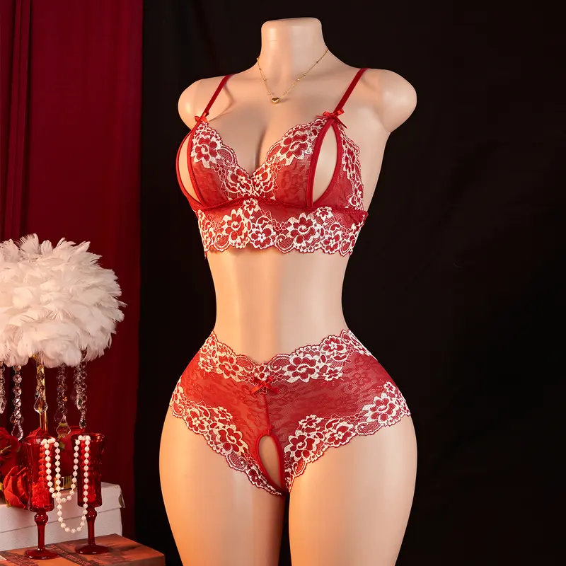 AESKEIA Women's 2-Pcs Floral Lacy Semi-Sheer Sexy Lingerie Set - Wireless Bralette with Contrast Details, High-Waist Cutout Boyshort Panty with Sweet Bow