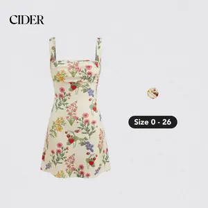 Cider [size 0-26] Square Neck Floral & Fruit Graphic Mini Dress, High Stretch Sundress for Women, Summer Dress for Vacation & Garden Party, Pinterest Girl Picnic Outfit, Womenswear