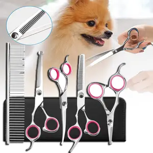 Titanium Coated Professional 6 in 1 Stainless Steel Dog Grooming Scissors with Safety Round Tip, Heavy Duty Pet Grooming Scissor for Dogs, Cats and Other Animals