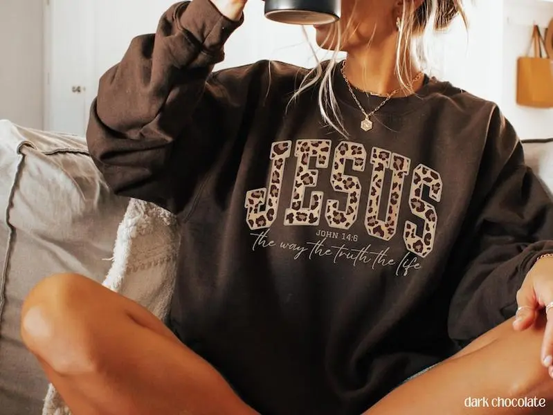 Christian Jesus Sweatshirt, Cheetah Print Bible Verse Tshirt, Trendy Faith Apparel Gift, Jesus Loves You, The Way The Truth The Life