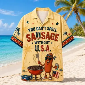 USA BBQ Hawaiian Shirt, Funny Patriotic Sausage Shirt, Summer Cookout Gift