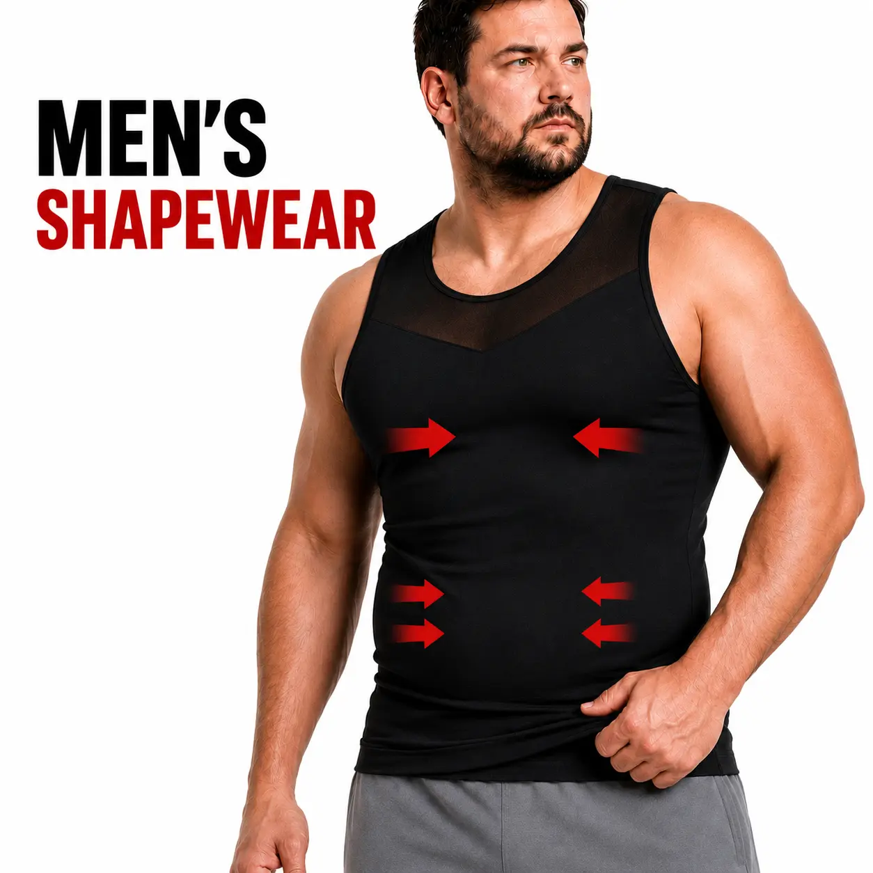 ruflum Men’s Compression Tank Top Shapewear Seamless Shaping Undershirt Chest Support Hide Man Boobs X-Shape Back Support Breathable Mesh Stretch Fabric Basic Menswear for Business Dating Wedding Sports Casual Wear