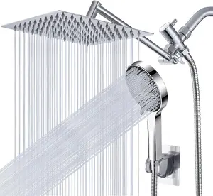 Shower Head,8”Rain Shower Head with Handheld Spray Combo with 11'' Angle Adjustable Extension Arm/Flow Regulator/Shower System,High Pressure Rainfall Shower Head Clean Bathroom, Silver