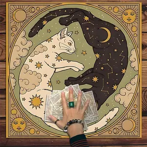 Cat & Star Pattern Tarot Tablecloth, Tarot Card Reading Tablecloth, Witchcraft Rituals Astrology Games Room Setup Party Gifts for Tarot Fans Boys Girls, Halloween