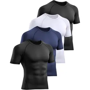 4 Pack Men's Compression Shirts Short Sleeve Cool Dry Workout T-Shirt Undershirt Rash Guard for Gym Running