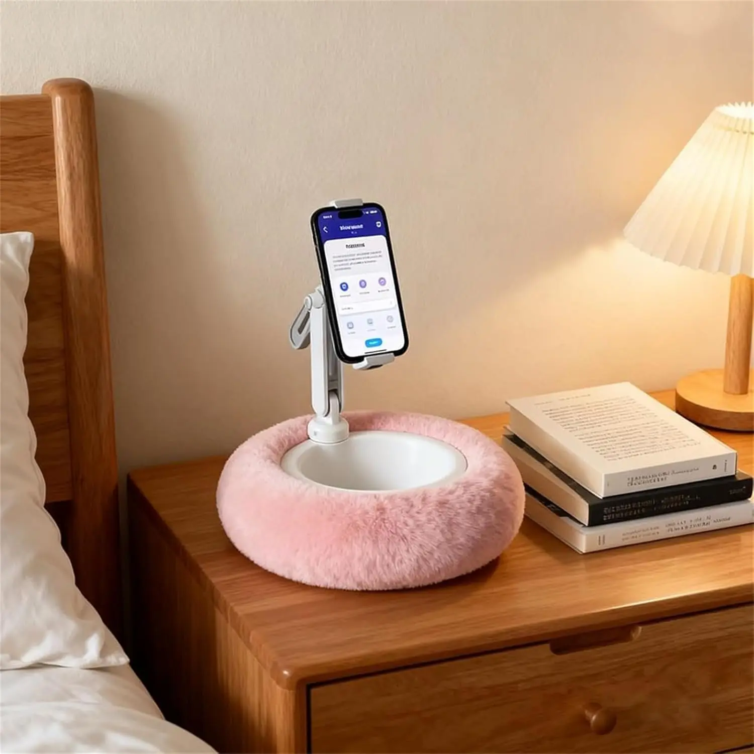 Chill Nest Phone Holder, Phone Holder Snack Bowl Fluffy, Cozy 360° Adjustable Rotating Phone Stand, Reading Cradle Dock With Snack Storage, For Hands-Free Viewing, For Smartphone & Tablet (Pink), Multifunctional Phone Holder