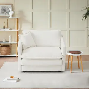 Deep Seat Sofa with Headrest, 24" Deep, Solid Wood Frame, Maximum Weight Limit 300 lbs, White Chenille, 2-Layer Upholstered Couch futon