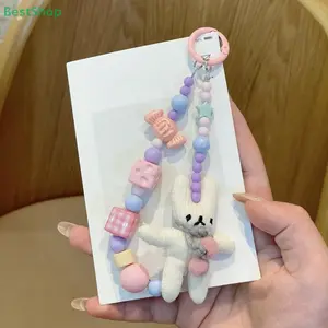 Knitted Rabbit Mobile Phone Lanyard Retro Keychain Beaded Phone Strap Camera Chain