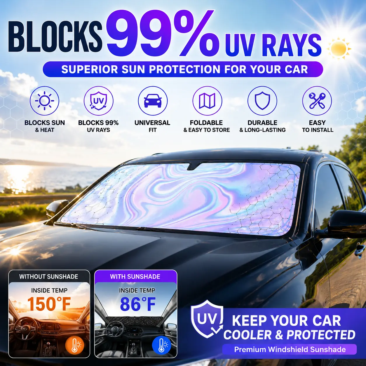 Foldable UV-Blocking Red Aluminum Alloy Car Umbrella, Protective Anti-Heat Windshield Sunshade - Universal Fit for Sedans, SUVs, Compact Automotive Exterior Accessory with 12V Warning Siren Horn, Bug&Hood Compatible, Fender Flares, Fold For Storage, Folds