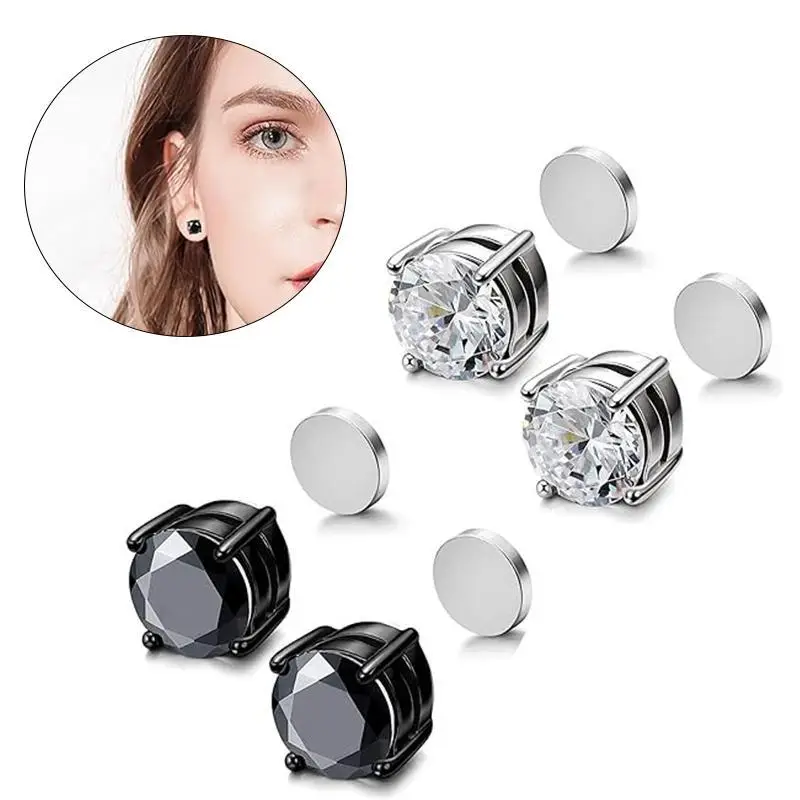 Unisex Stainless Steel Magnetic Earrings, Non-piercing CZ Earrings Hypoallergenic Black&Silver 6-8MM，Daily Decor for Men and Women Casual Modern