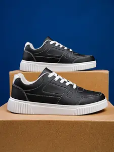 Men's Skate Shoes, Black Low-Top Sneakers with Chunky White Wavy Sole, Casual Leather Shoes for Street Style, Daily Wear Comfort Gift for Him