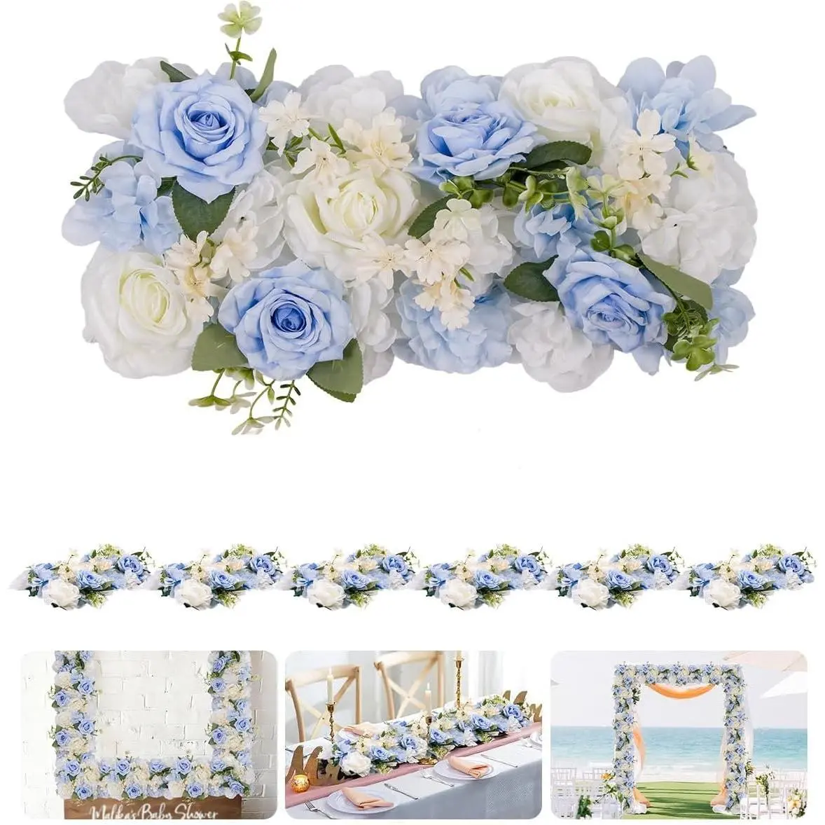 6-Pack Realistic Artificial Flower Garland Set - Faux Silk Decorative Flower Vines, Floral Ornaments for Wedding Arch, Table & Party Outdoor Furniture Decor, White+Blue
