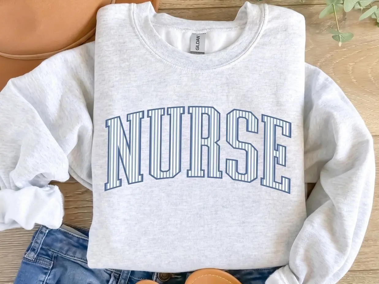 Preppy Seersucker Registered Nurse Pullover, Nurse Sweatshirt, RN Long Sleeve T-Shirt, Medical Student Crewneck, Nursing School Graduation Apparel, Cute Future Nurse Gift, Clinical Hospital Worker Clothes, Nurse Appreciation Gift for RN
