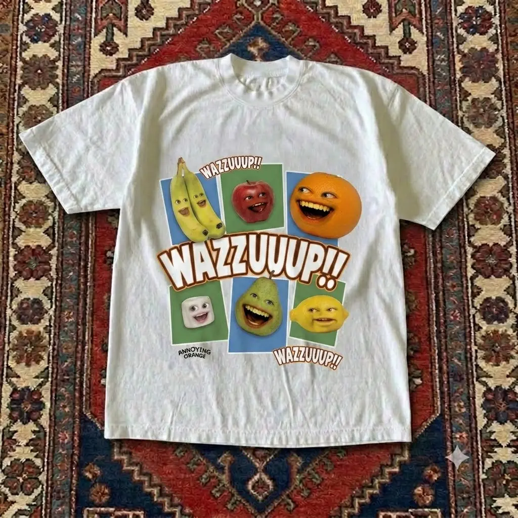 The Annoying Orange Wazzuuup Fruit Group Graphic T shirt and Baby Tee | Vintage 2010s Internet Meme Nostalgia Streetwear | Pop Culture Graphic