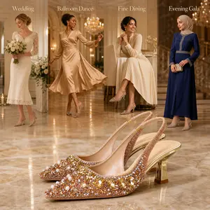 Women's Rhinestone Slingback Heels Pointed Toe Mid Heel Pumps, Sparkly Crystal Pearl Dress Shoes for Wedding Guest, Prom, Party & Evening Rhinestone Rhinestone Stylish Classy Footwear Elegant