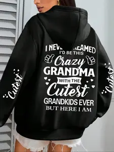 Women's Casual Loose-Fit Hoodie with Crazy Grandma Print, Drawstring Pocket Design, Thick Knit Fabric, Perfect for Fall & Winter Wear