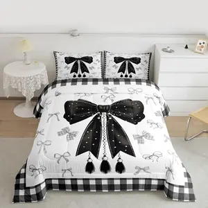Feelyou Kawaii Black Bow Comforter Set - Breathable Microfiber Decorative Bedding Set with Bowknot Accents for Bedroom Decor, Breathable Duvet Set