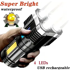 Waterproof 4-LED Super Bright Flashlight with COB Side Light, USB Rechargeable Multi-Mode Torch with Charging Cable Included, Versatile Outdoor Flashlight