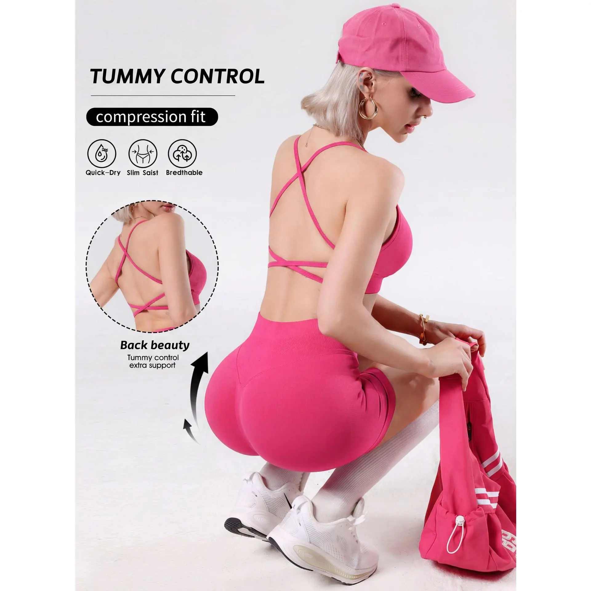 Women's 2-Piece Sporty Sports Underwear Set, Cross-Suspender Beauty Back Yoga Bra, High-Waist Belly & Hip-Lift Fitness Biker Shorts for Yoga, Fitness Women's 2-Piece Sporty Sports Underwear Set, Cross-Suspender Beauty Back Yoga Bra, High-Waist Belly & Hip-Lift Fitness Biker Shorts for Yoga, Fitness