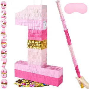 20 Inch Number 1 Piñata Pink Gold with 30 Inch Piñata Stick Blindfold Confetti for Boys Girls Adults Birthday Party Decorations Anniversary Celebration Fiesta