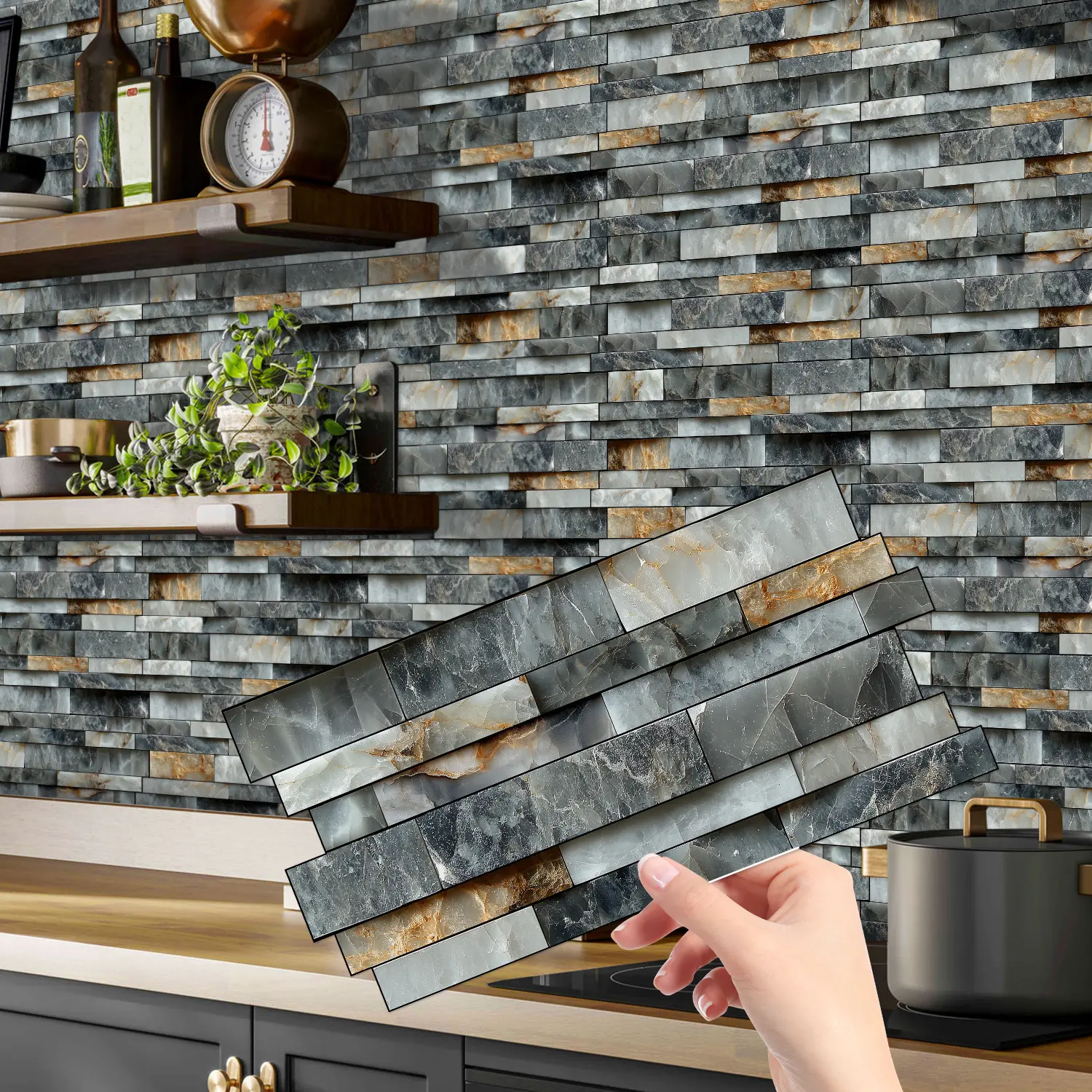 12/24/48PCS （XY-HTP26） Grey-Brown Mixed Culture Stone Tile Stickers | Self-Adhesive PVC Crystal Film Water Proof Removable Decorative Backsplash Kitchen Decor Waterproof Wall Decal Waterproof Wall Sticker