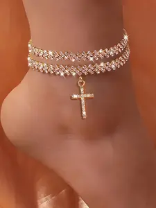 Elegant Rhinestone Cross Pendant Anklet Set, Dainty Layered Anklet, Fashionable Sparkling Design, Perfect for Parties & Evening Events, Women's Accessory