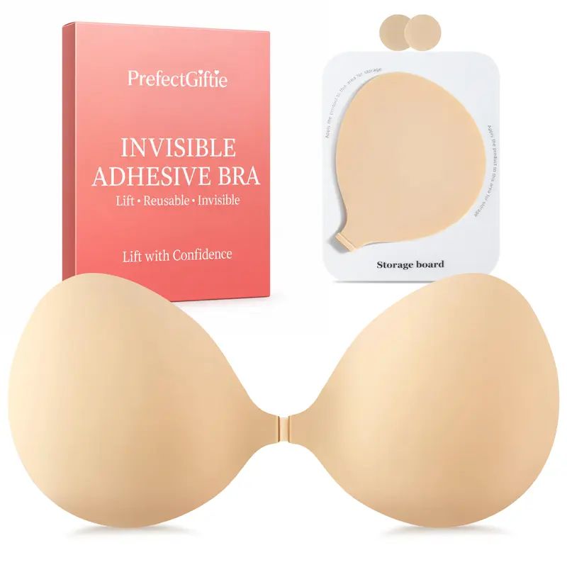 Women's Sheer Silk Sticky Bra Push Up - Invisible Strapless, Waterproof Adhesive, Lightweight, Seamless, Snug Fit, Adjustable, Reusable, Hand Wash, B Cup (for Backless Dresses, Dancing, Active Wear)