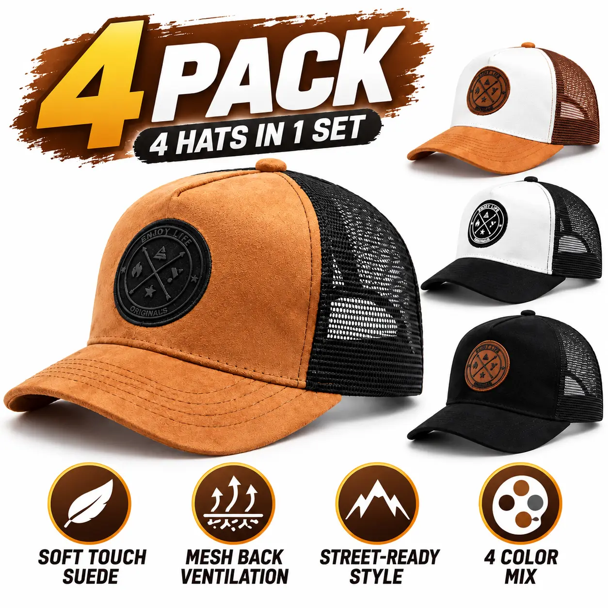 4 Pack Suede Trucker Hats for Men and Women, embroidered PU patch, Breathable Mesh Back, Adjustable Snapback, Curved Brim Baseball Caps