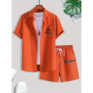 Casual Men Tropical Print Short Sleeve Shirt And Shorts 2 Piece Set, Summer Lightweight Loose Matching Outfit For Daily Street Wear Clothes Menswear