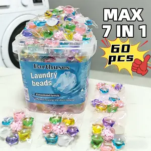 60pcs barreled seven-in-one laundry detergent pods, with a lasting fresh fragrance, concentrated active ingredients, soft anti-static properties, water-soluble outer film, low foam and easy rinsing, deep cleaning and stain removal capabilities,