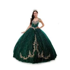 73309-X Quinceanera Dress with Cap Sleeves Gold Embroidery & Glitter Tulle Skirt Formal Womenswear Crystal Sequin Embroidered