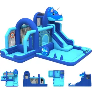 Bounce House, Inflatable Dinosaur Bouncer with Slide and Air Blower, Oxford Cloth Jumping Castle for Kids, Durable Sewn Bouncy House with Large Play Area for Backyard, Indoor & Outdoor Family Fun-Biue