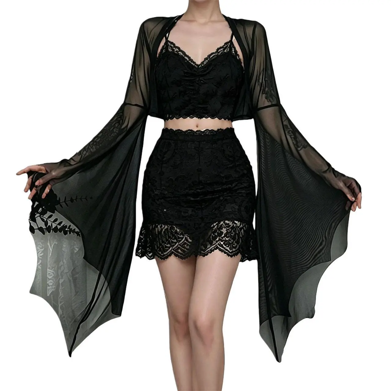 Gothic Sheer Mesh Shrug for Women, Cropped Bolero Top with Flared Batwing Sleeves for Bridal Wedding, Halloween Party & Festival Wear, Cyberpunk, Vampire, Polyester Clothes, See Through, Costumes
