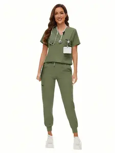 Women's Solid Color Fitted Scrub Set Uniforms, Short Sleeve Top & Jogger Pants Set, Casual Workout Outfits for Women, Summer Clothes